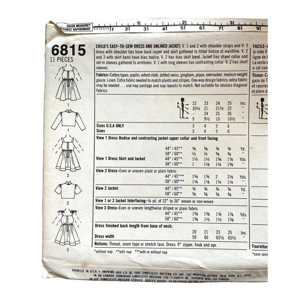 Simplicity Sewing Pattern 6815 Girl's Dress‎ Unlined Jacket Sizes 3-5 UNCUT